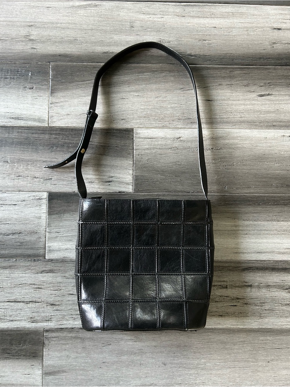 Vintage 1990s Y2K Silver Blue USA Leather Patchwork Structured Shoulder Bag